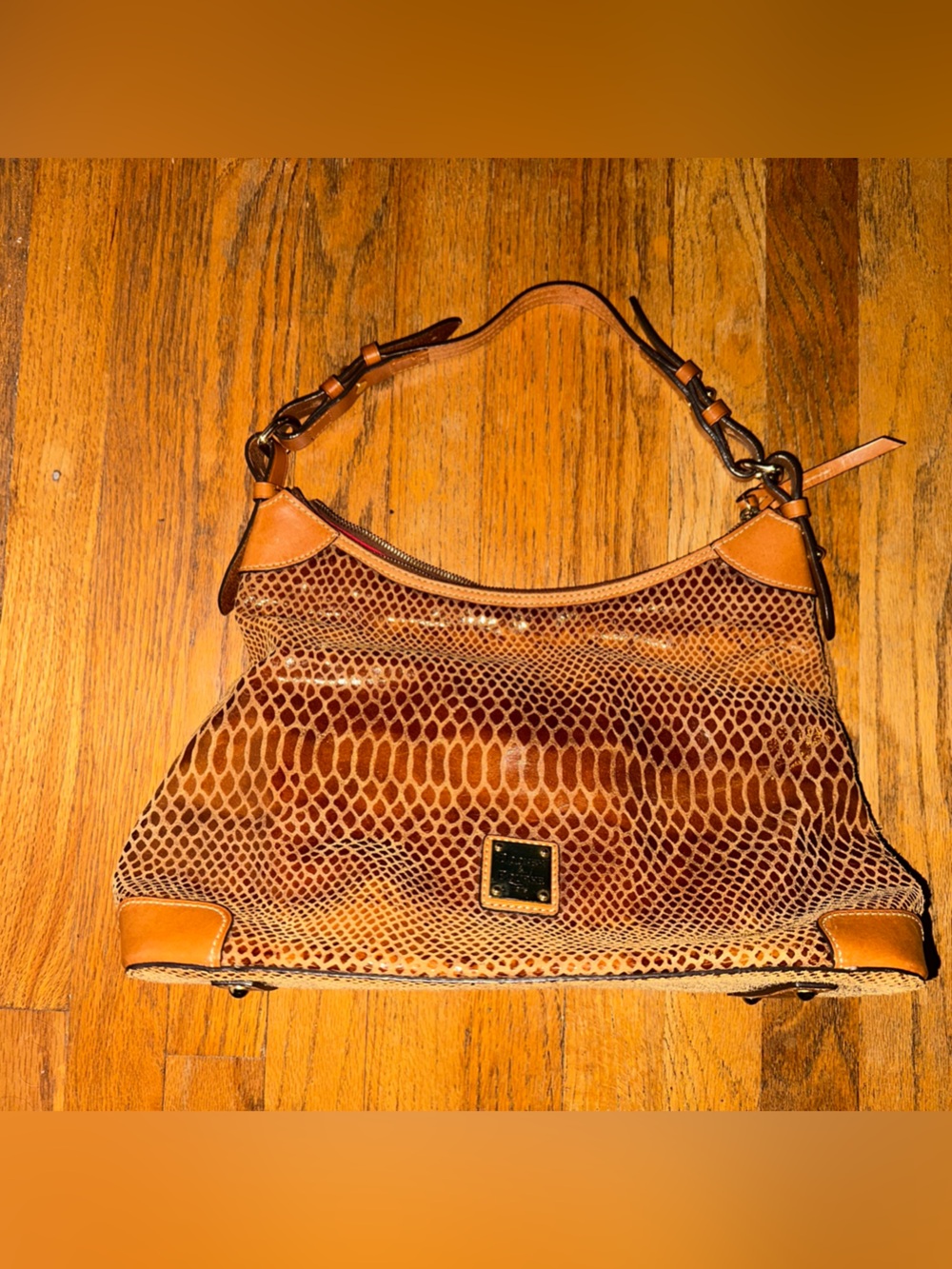 Dooney & Bourke Erica Snakeskin Emb Leather Hobo Shoulder Bag Beige/Brown/Cognac
